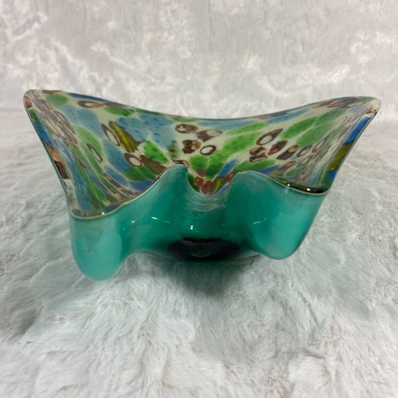Vintage Mid century  Murano Italian Colorful Confetti Glass Bowl Teal Silver - Picture 3 of 12